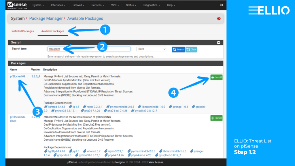 Installation of pfBlockerNG to allow IP blocking on pfSense.