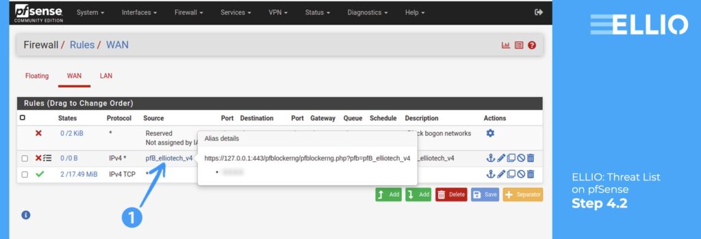 ELLIO installation guide how to set up IP blocking on open-source router pfSense.