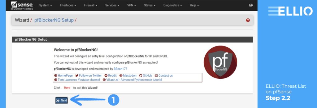 Configuration of pfBlockerNG for IP and DNSBL.