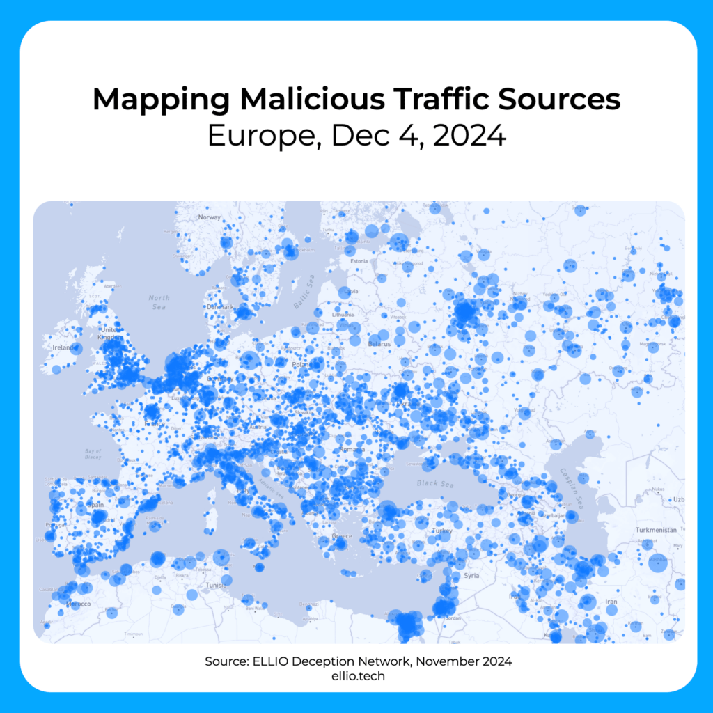 Mapping malicious traffic sources in Europe in December 2024, source: ELLIO Deception Network.