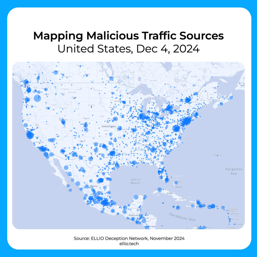 Mapping malicious traffic sources in US in December 2024, source: ELLIO Deception Network.